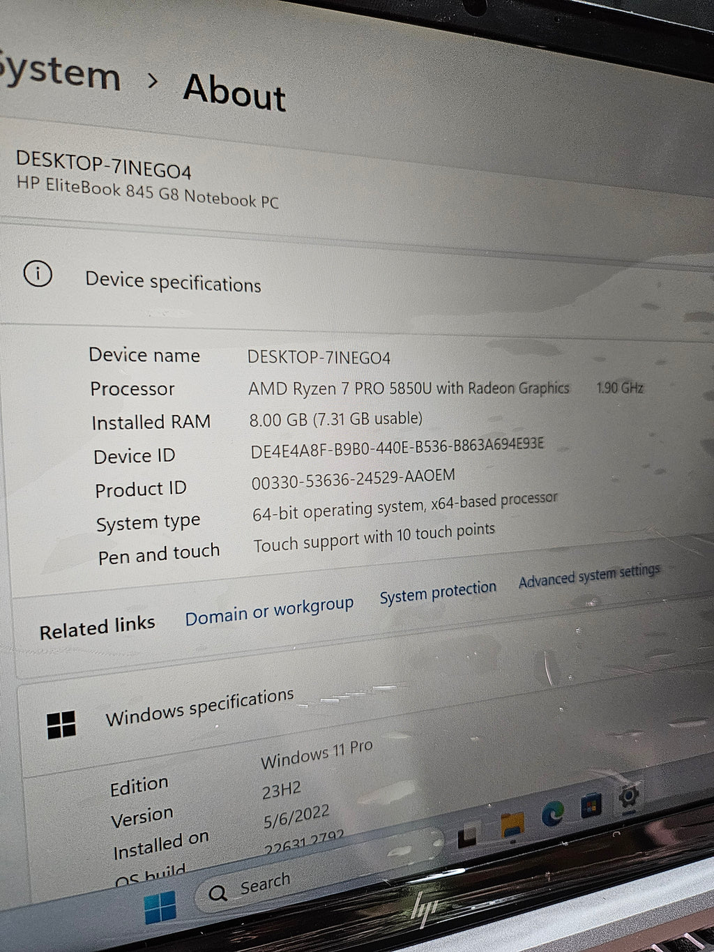 Hp elitebook 845 g8 Ryzen 7 pro 8gb 256SSD touch screen and finger print